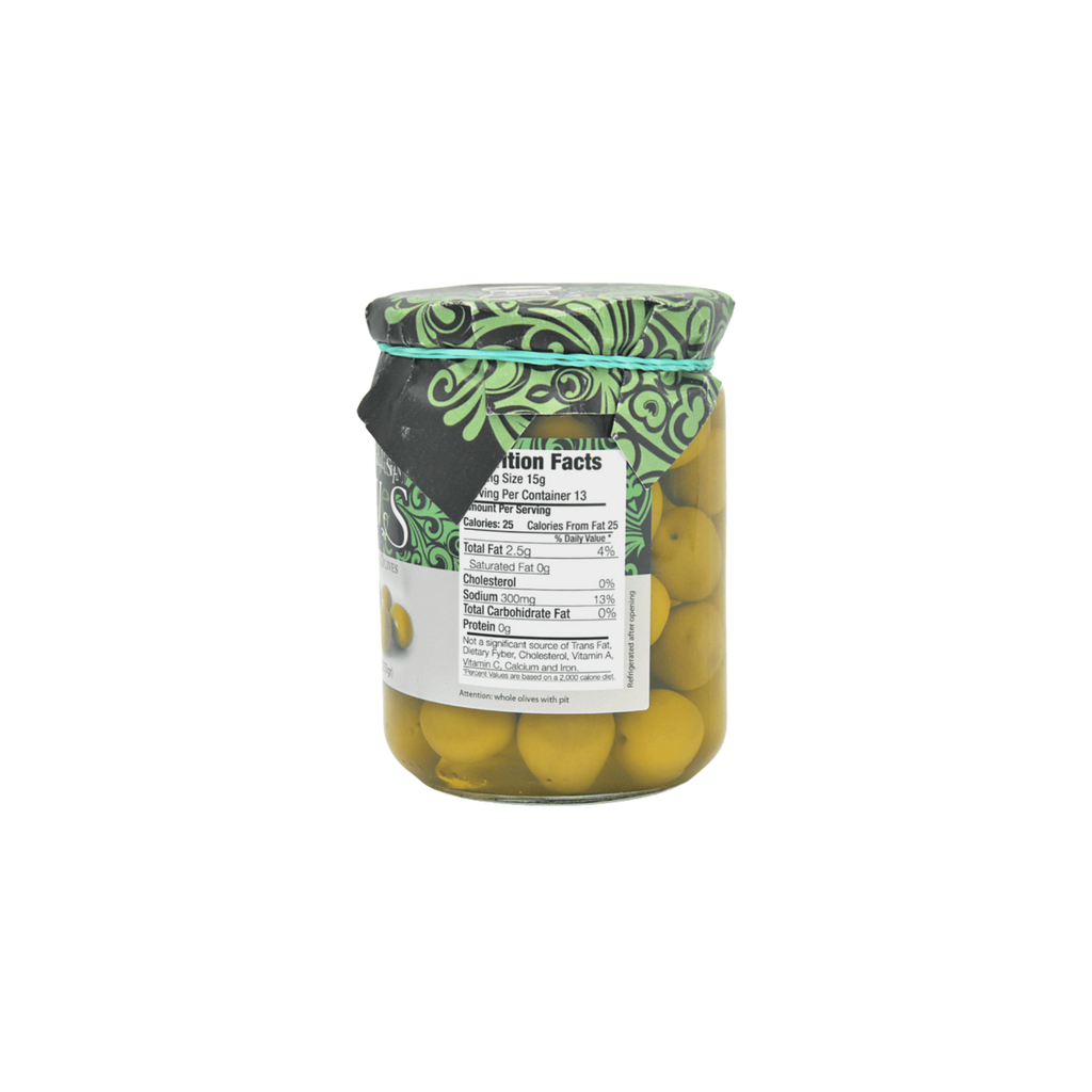 Green Manzanilla olives by Andalusian Olives jar side view