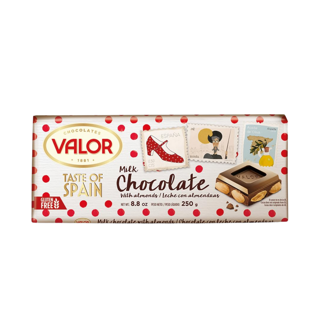 Milk chocolate with almonds taste of Spain red and white polka dot packaging by Valor