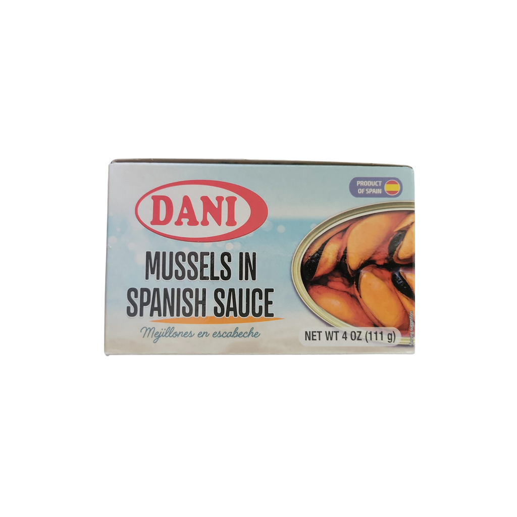 Mussels in Pickled Sauce by Dani box with product image and letters in red, black and orange. Deliberico
