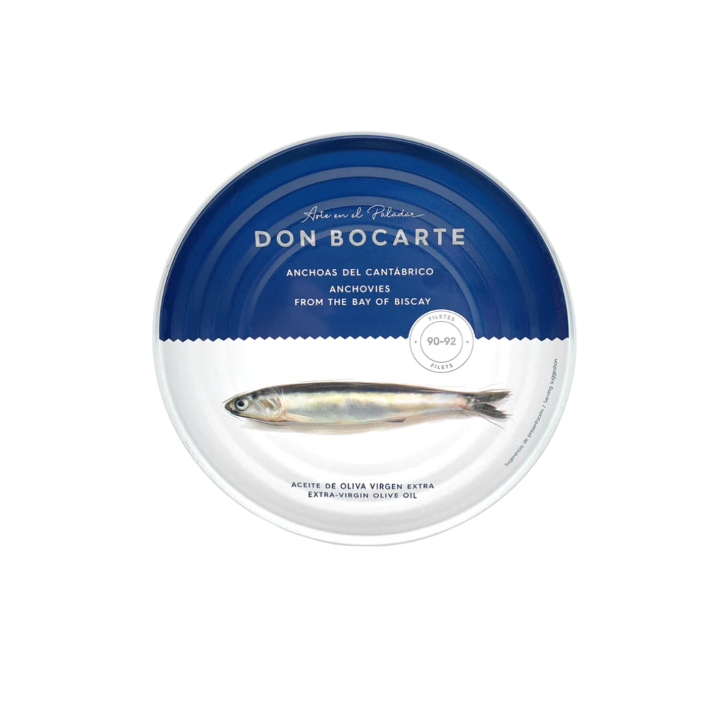 Cantabrian Anchovies in EVOO by Don Bocarte. Round big blue and white 90 filets can. Deliberico