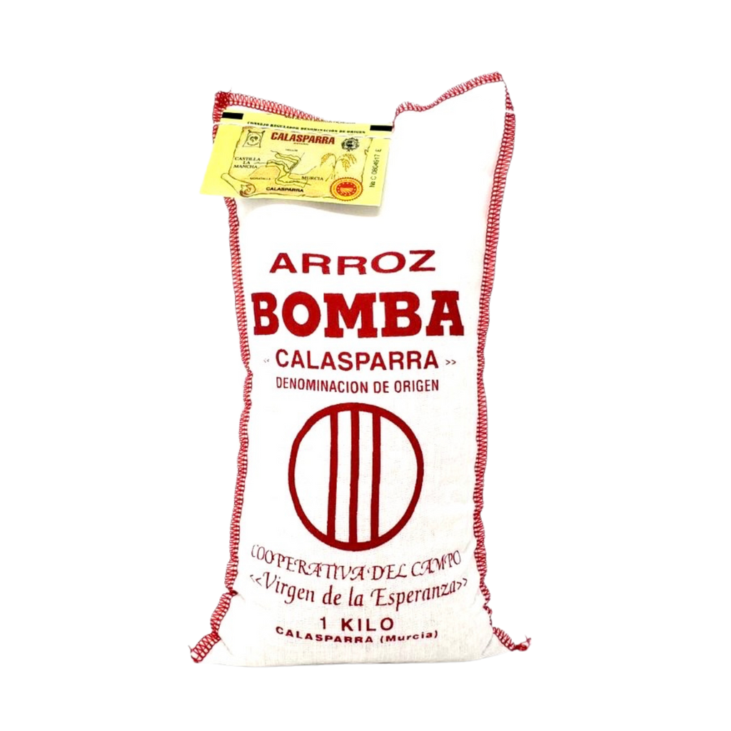 Bomba Rice Calasparra DOP in a white fabric bag with text in red. Deliberico