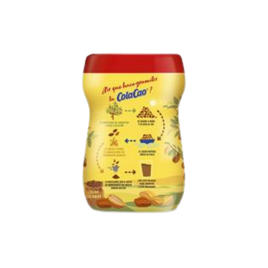 Original Cola Cao Chocolate Drink Mix Original yellow container with red lid instructions. Deliberico