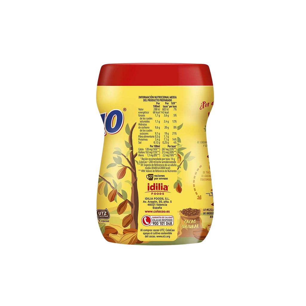 Original Cola Cao Chocolate Drink Mix Original yellow container with red lid nutritional information. Deliberico