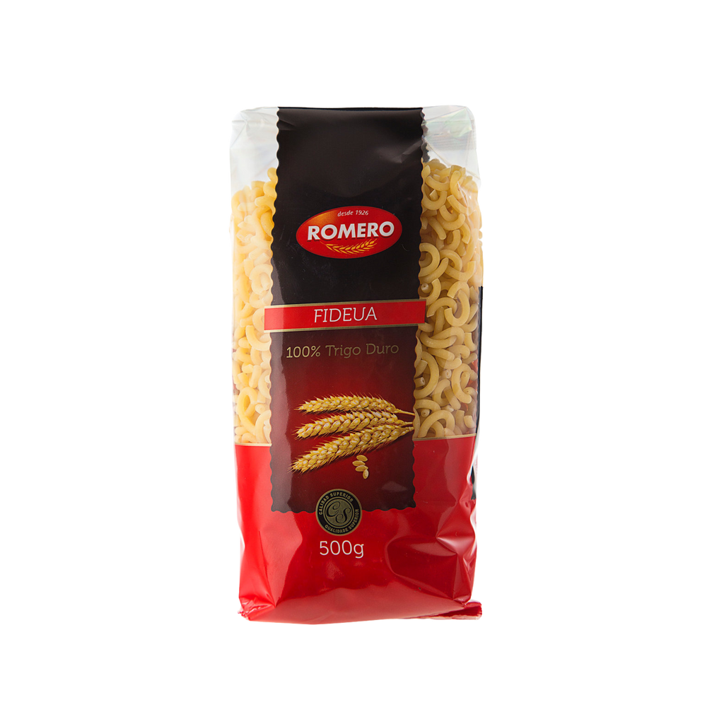 Fideua noodle pasta package red black and tranparent by Romero. Deliberico
