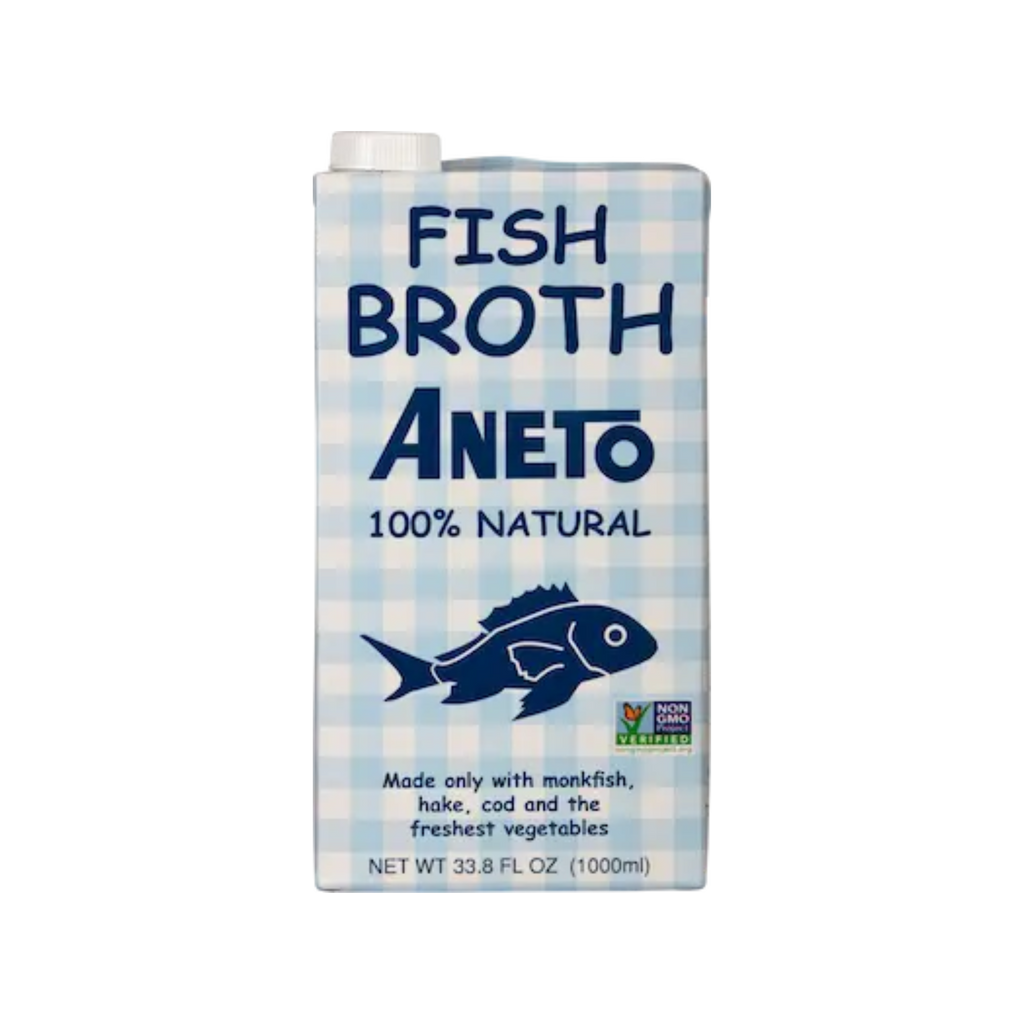 Fish broth blue gingham by Aneto tetrapack. Deliberico