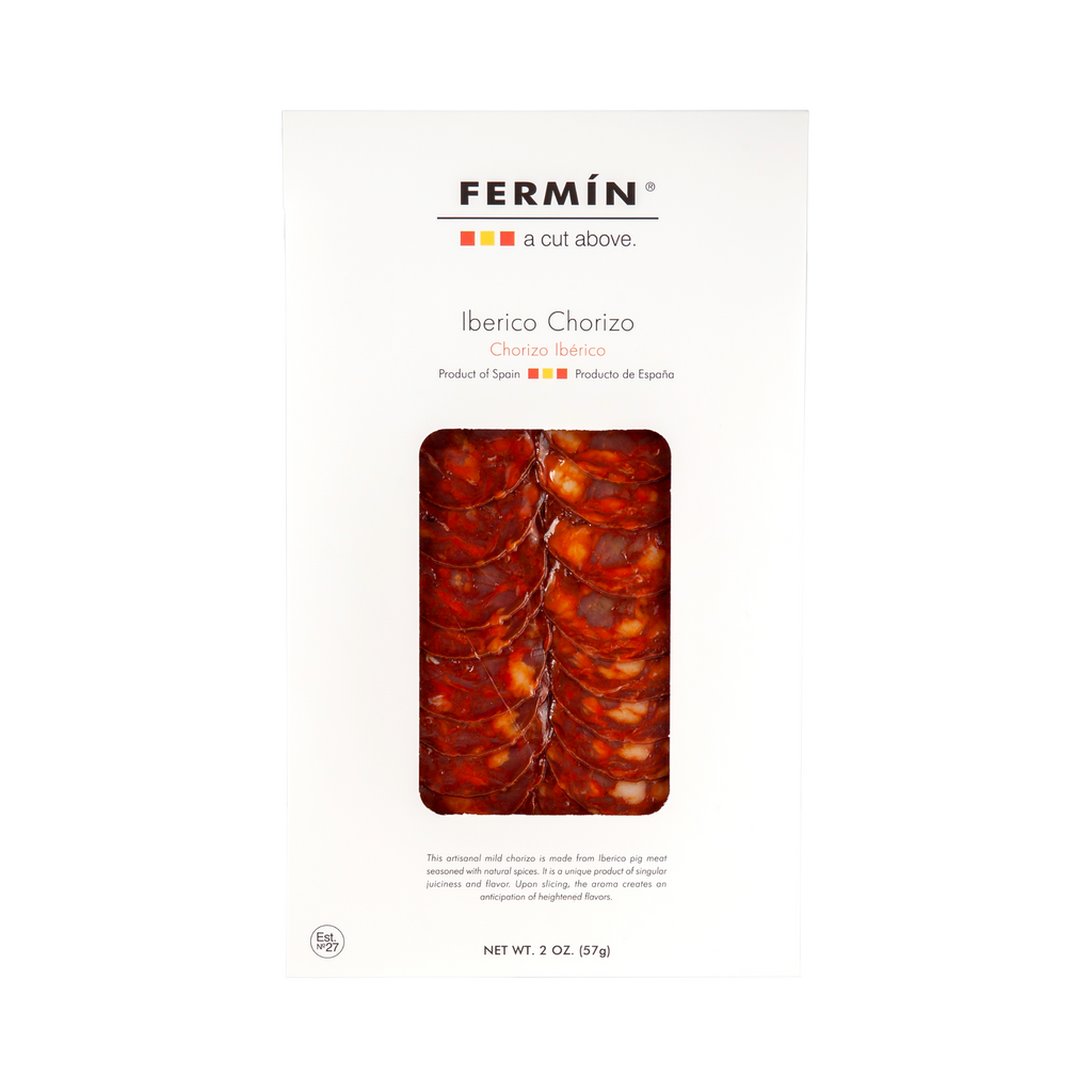 Iberico SalcIberico Chorizo grain fed sliced white Packaging by Fermin. Deliberico