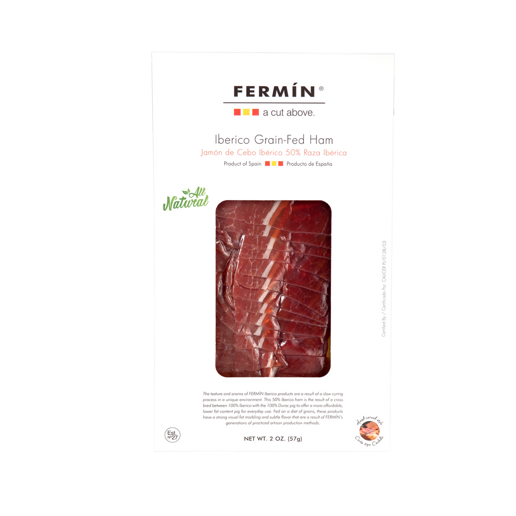 Iberico grain fed ham on white package by Fermin. Deliberico