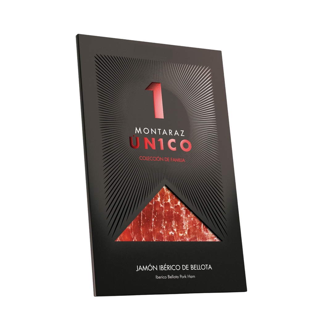 100% Iberico Acorn-fed Ham Sliced Unico in black packaging by Montaraz. Deliberico
