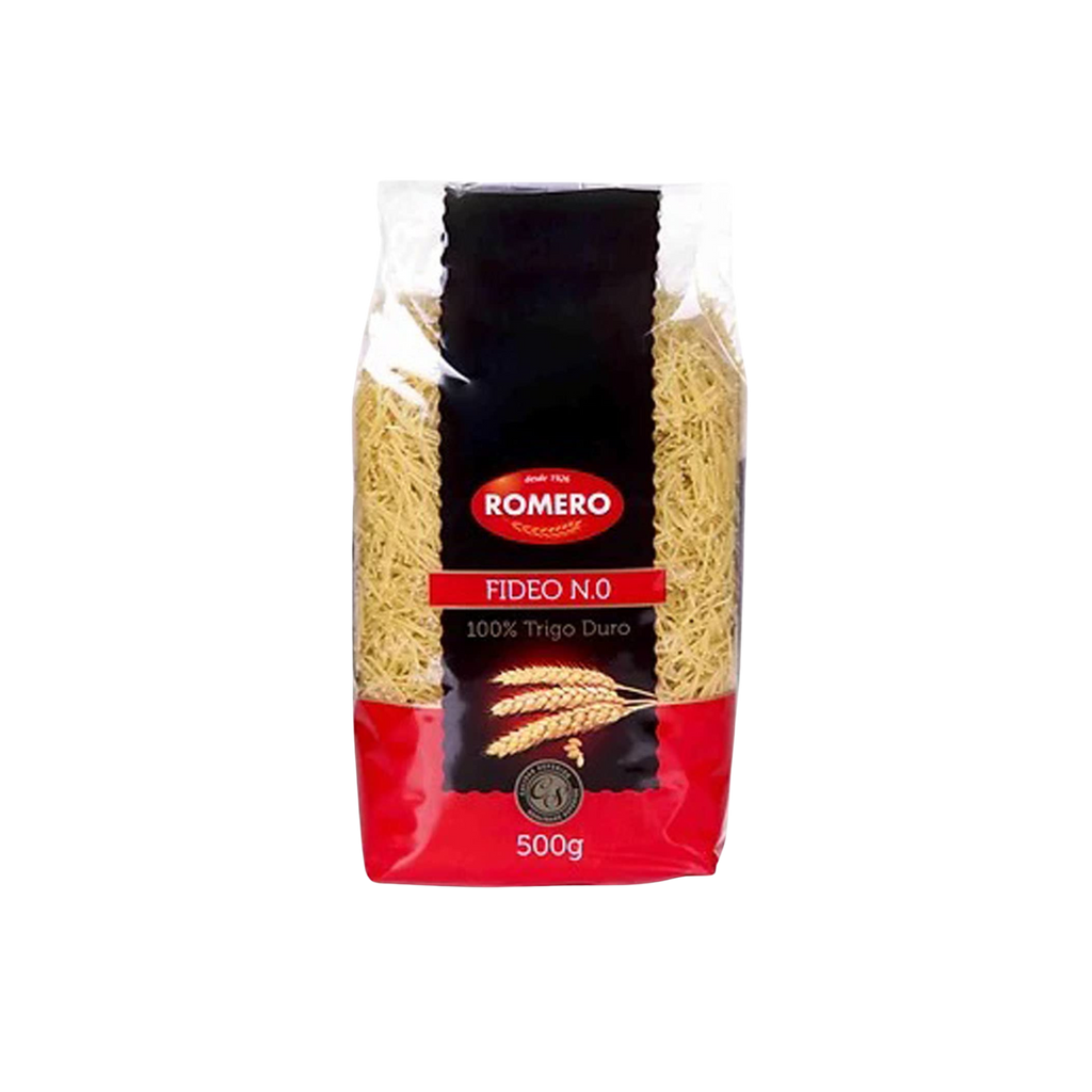 Angel's hair Noodle "fideo" number 0 in a black, red and transparent package by Romero. Deliberico