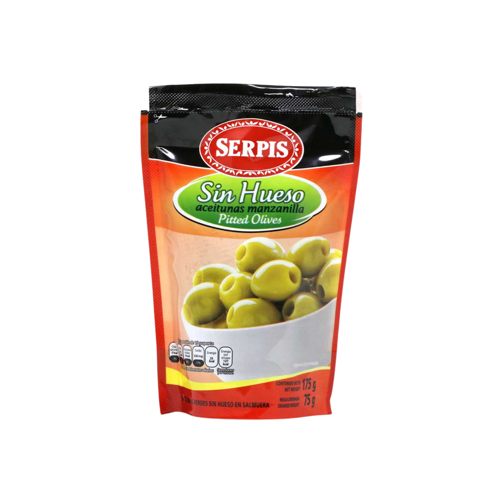 Pitted Manzanilla olives by Serpis snack size pack. Deliberico