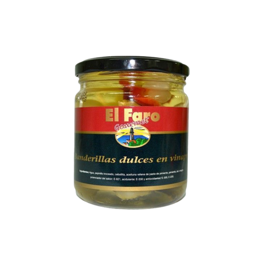 "Banderillas" Pickled sweet snacks by Faroliva glass jar with a black and red label. Deliberico