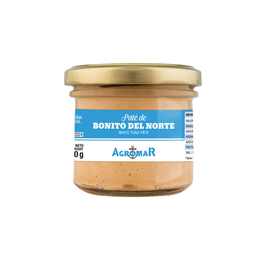 White Tuna Pate jar with a blue and white label by Agromar. Deliberico