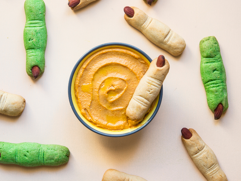 Creepy Pumpkin Hummus with Finger Breadsticks Recipe