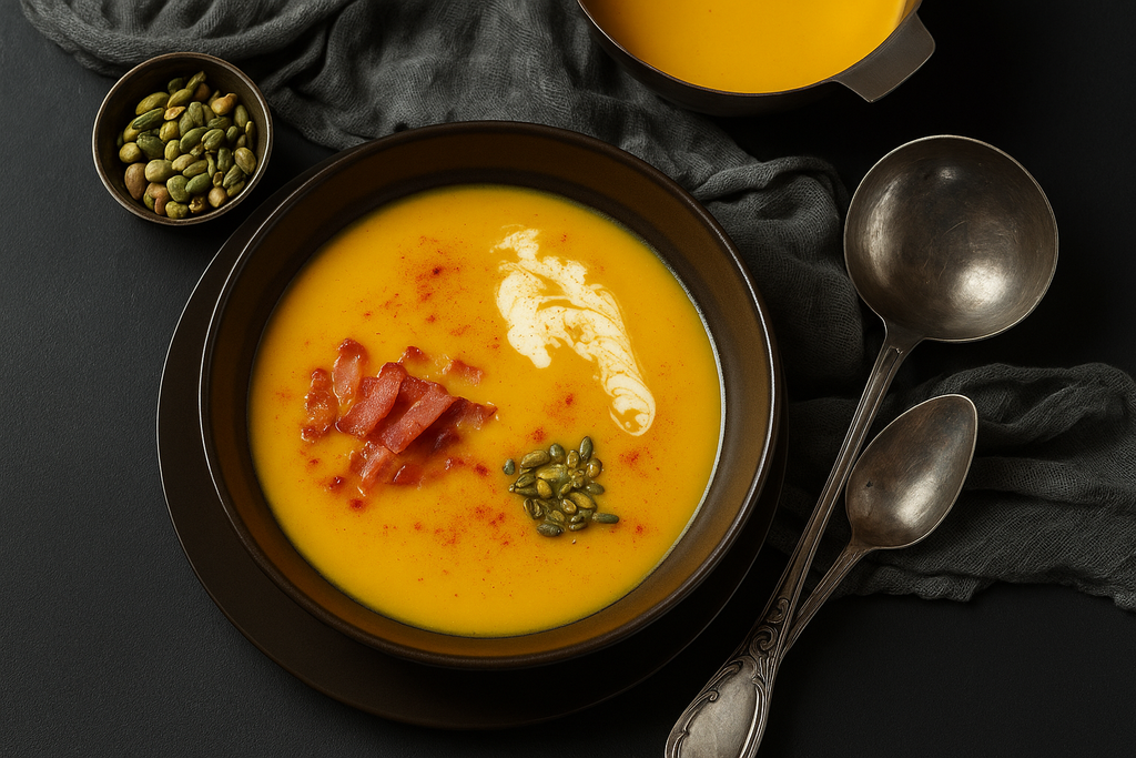 Pumpkin Soup with serrano ham, cream, pumpkin seeds and paprika