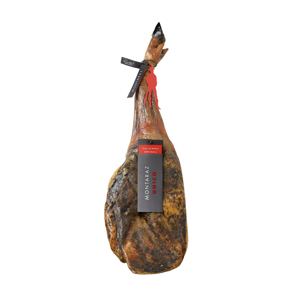 100% Iberico Acorn-fed Shoulder Ham bone white background in Unico by Montaraz. Deliberico