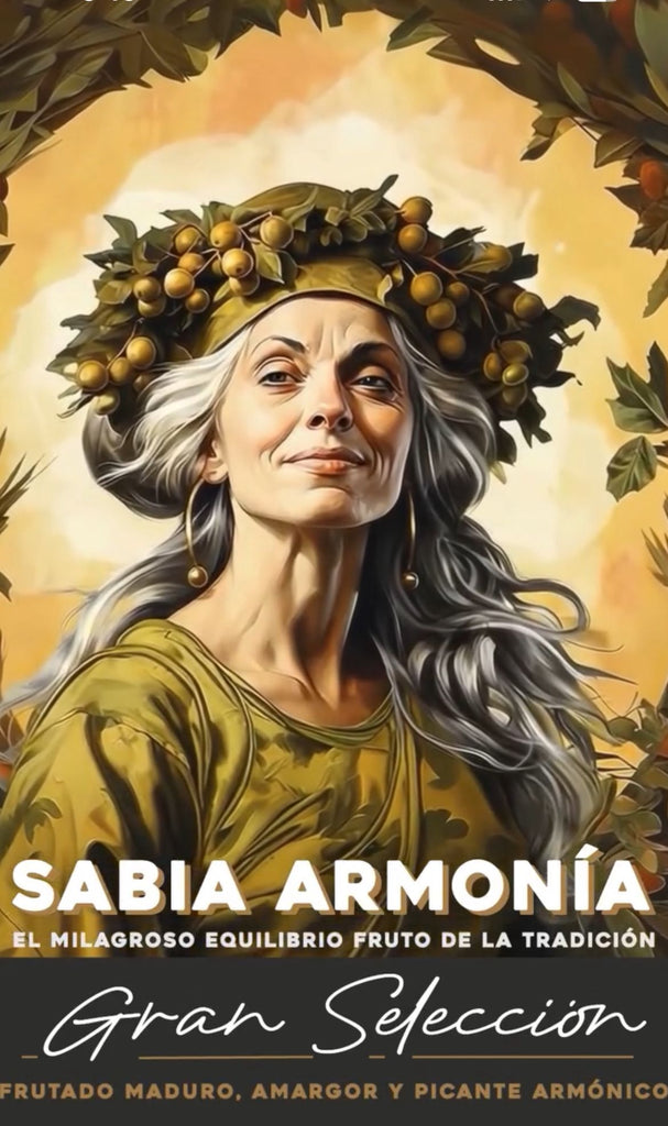 Illustration of a woman with an olive wreath and text about 'Sabia Armonía' on a warm-toned background of extra virgin olive oil Diosas de Abril Grand Seleccion 