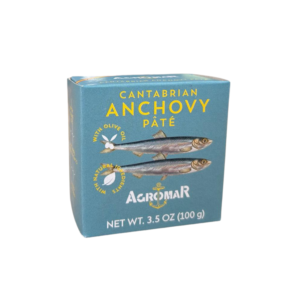 Anchovy Pate Agromar in adark aqua box with anchovies images on the front.