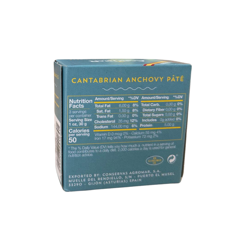 Anchovy Pate Agromar in a dark aqua box back with nutrition facts