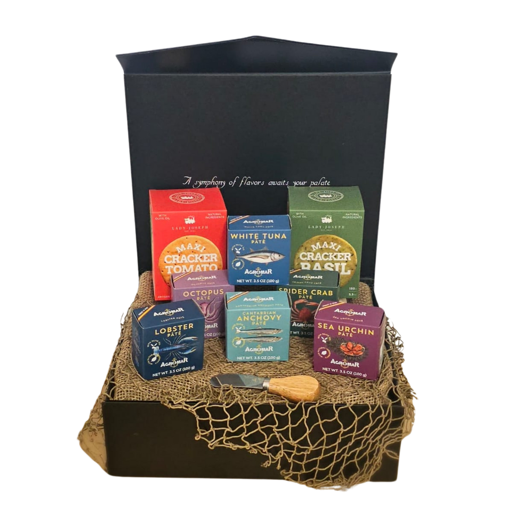 Artisan Pate Gift Set including white tune, spider crab, octopus, lobster, anchovy and sea urchin pate boxes by agromar with tomato and basil  crackers in Deliberico's git black box