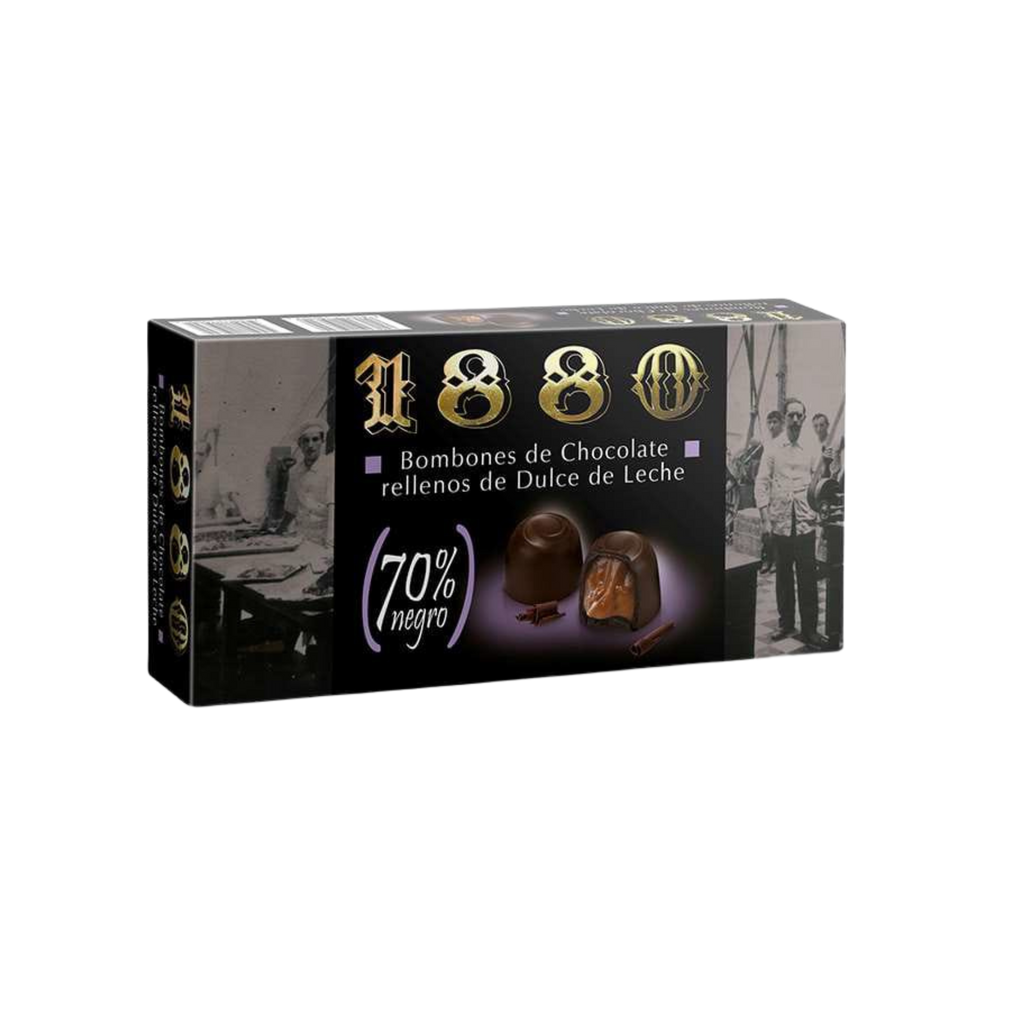 Dark Chocolate Bonbons Filled with Caramel by 1880 black box