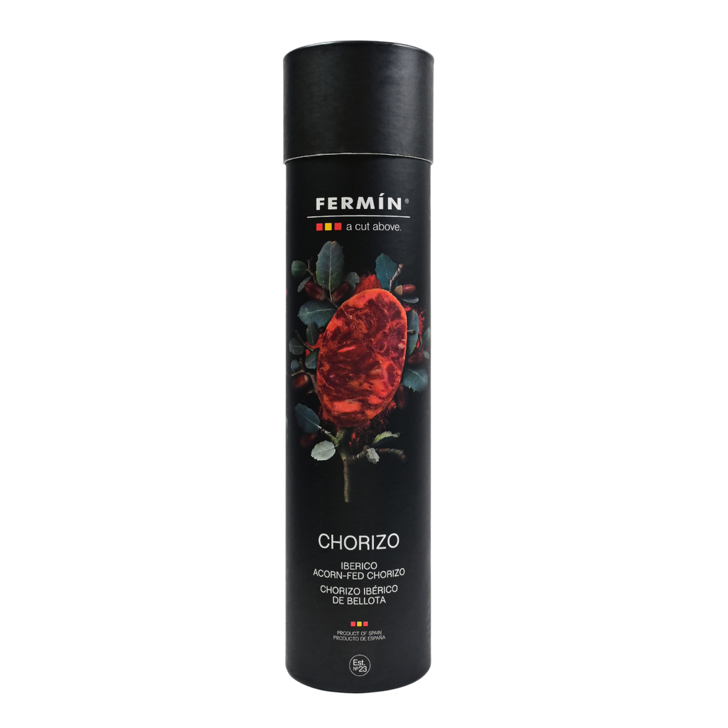 Fermin 100 Iberico acorn fed chorizo  in black tube packaging on a Transparent background