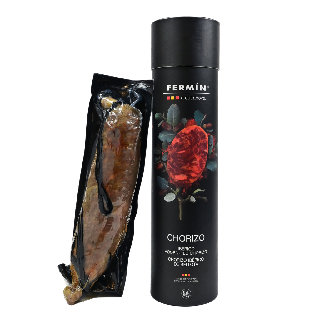 Fermin 100 Iberico acorn fed chorizo sealed and  black tube packaging on a Transparent background