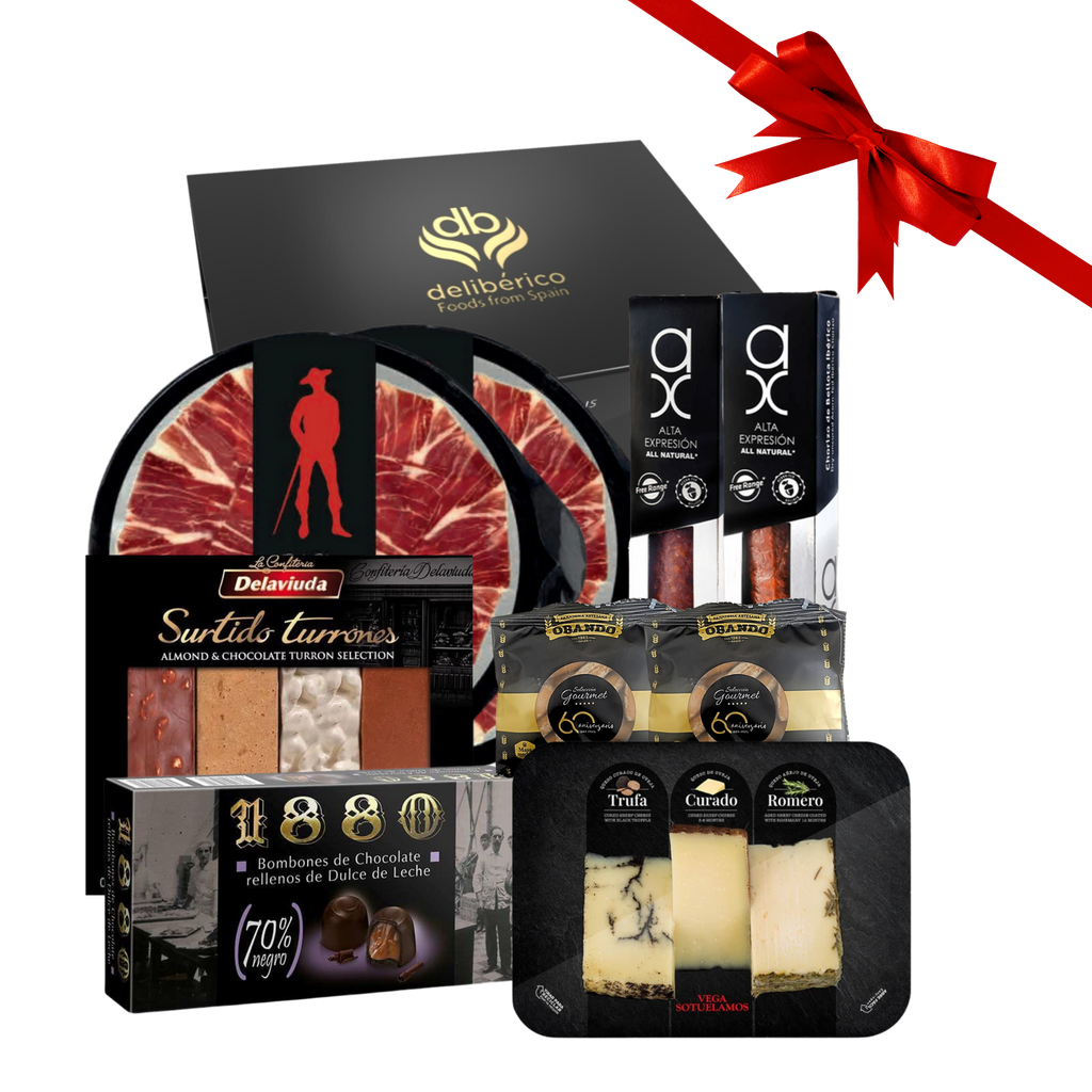 Christmas Time gift box including iberico ham, chorizo and salami, breadsticks, cheese sampler, nougat sampler and chocolate bombons.