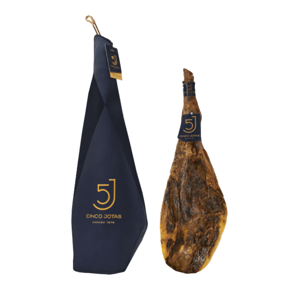 Acorn-fed 100% Iberico Ham on the right and ham with blue cover on the left by Cinco Jotas. Deliberico