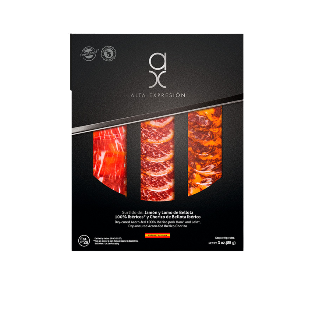 Sampler of Trio sliced cured meats including Acorn-Fed Ibérico Ham, Loin and Chorizo by COVAP Alta Expresion
