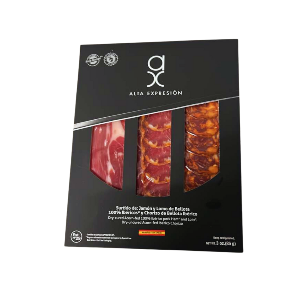 Sampler of Trio sliced cured meats including Acorn-Fed Ibérico Ham, Loin and Chorizo by COVAP Alta Expresion