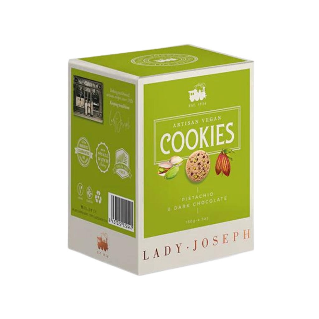 Dark chocolate and pistachio vegan cookies by Lady Joseph in green and white box side view

