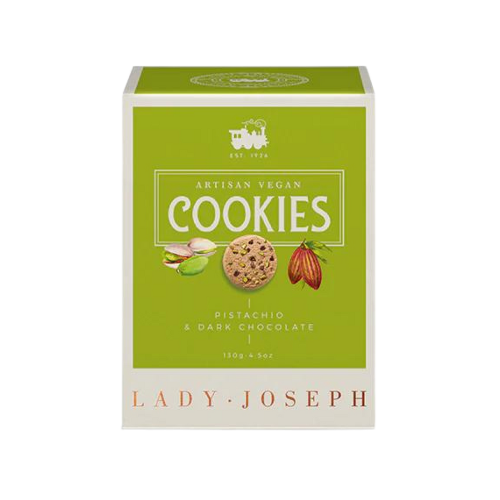 Dark chocolate and pistachio vegan cookies by Lady Joseph in green and white box - front image
