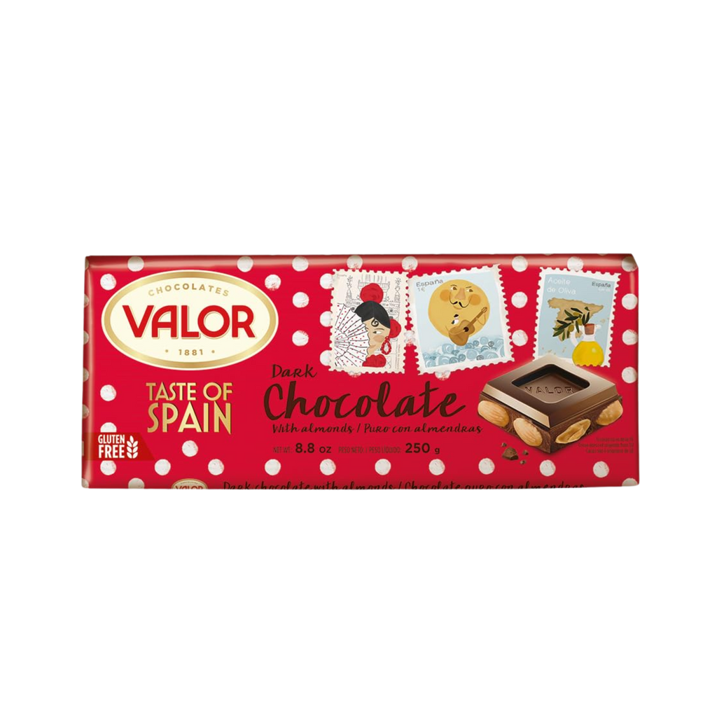 Dark chocolate with almonds taste of Spain red and white polka dot packaging