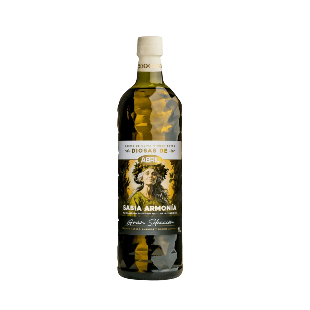 Bottle of extra virgin olive oil Diosas de Abril Grand Seleccion with a label on a white background 