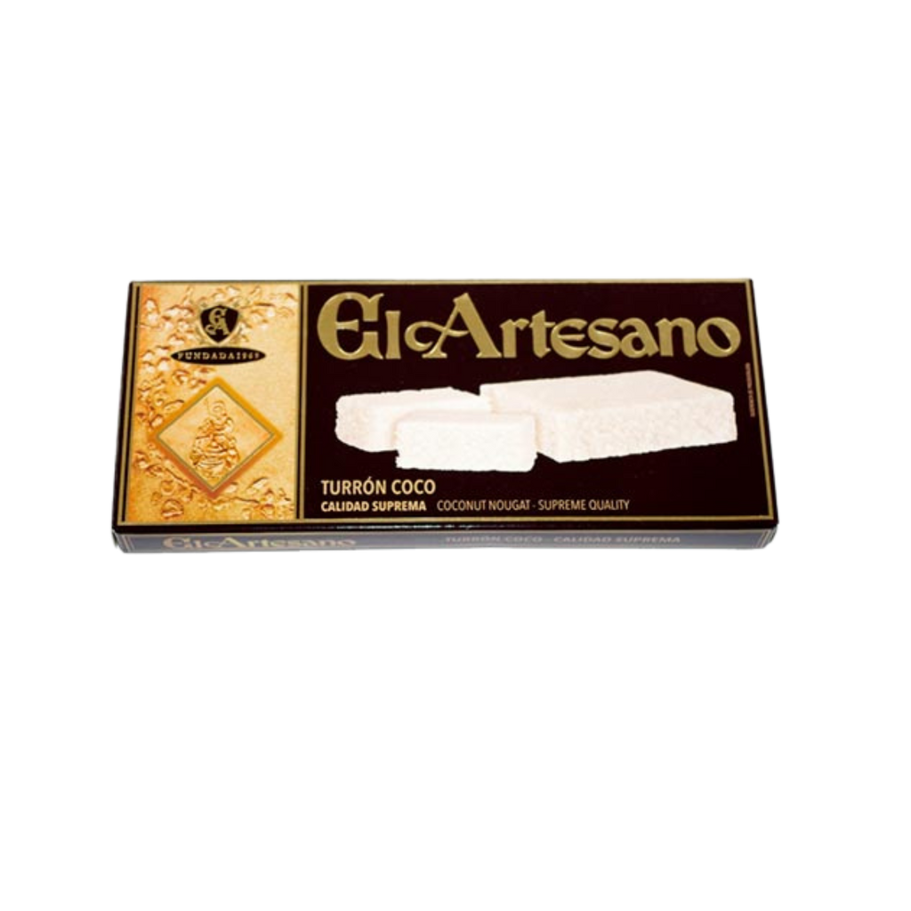 El artesano Coconut Nougat Turron bar in black and golden package 