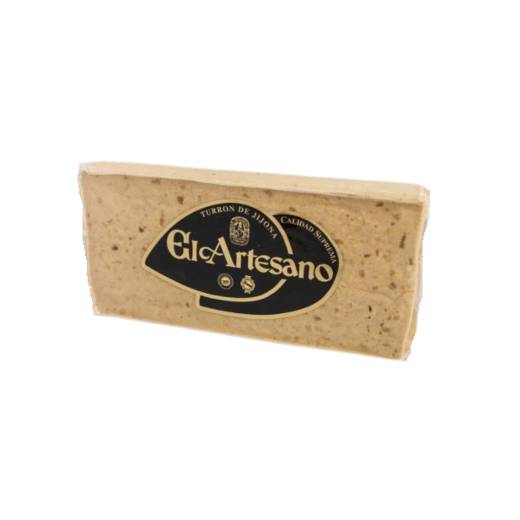 Block of Turrón de Jijona with 'El Artesano' branding on a transparent background