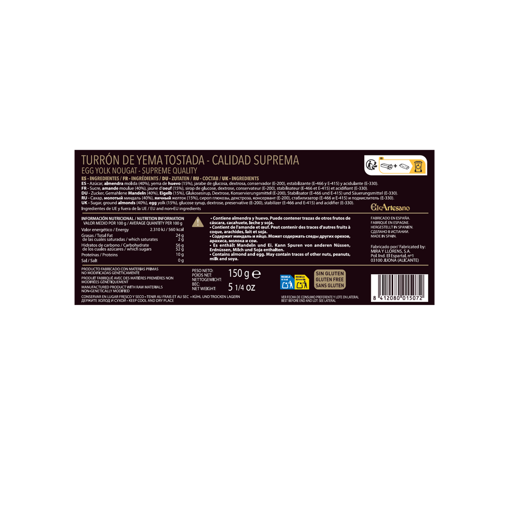 El artesano Toasted Yolk Nougat black and golden box back with nutrition facts