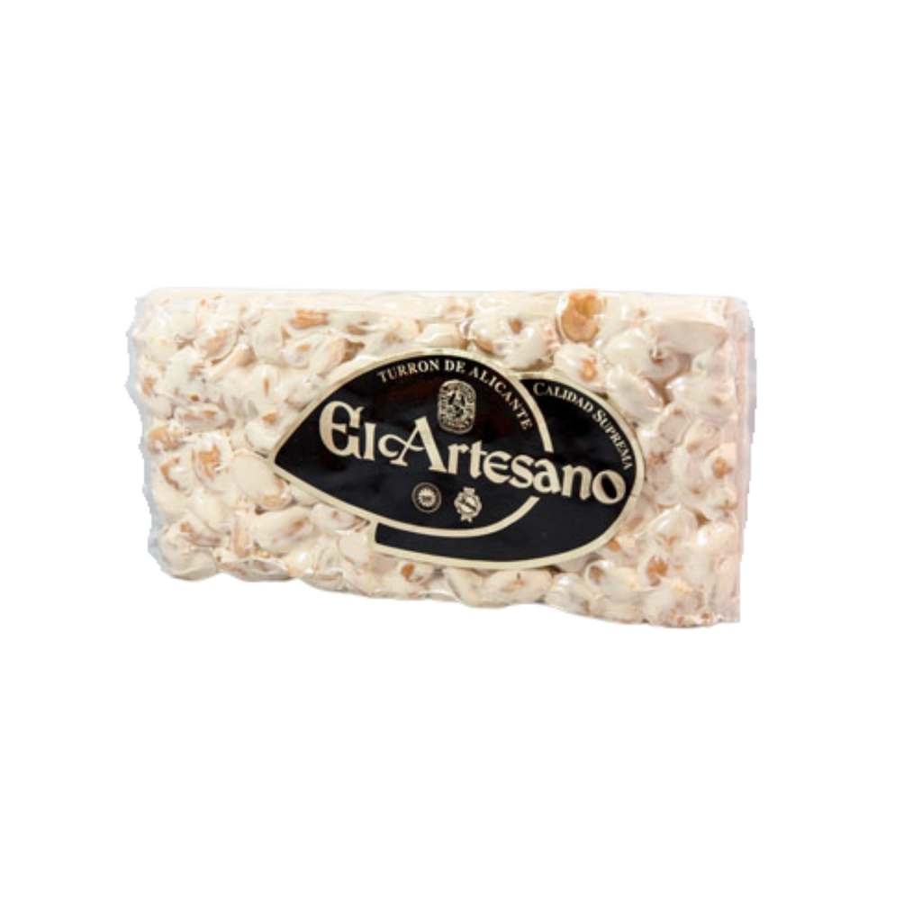 Bar of Alicante nougat with 'El Artesano' logo on a transparent background