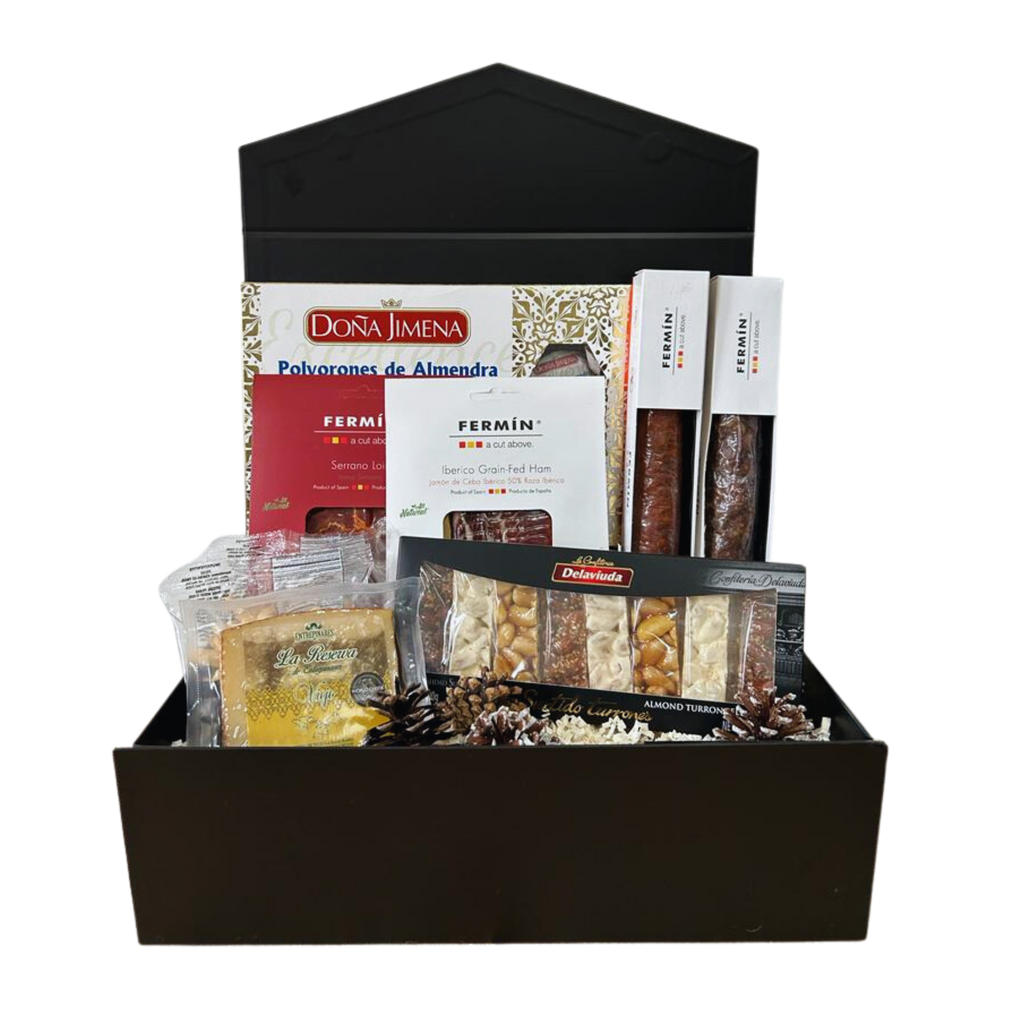 Deliberico's 'Jingle Bells Gift Box' is a flavorful celebration, featuring a delectable selection ranging from artisan charcuterie and fine cheese to indulgent sweets, all elegantly presented in our premium black and golden boxes.