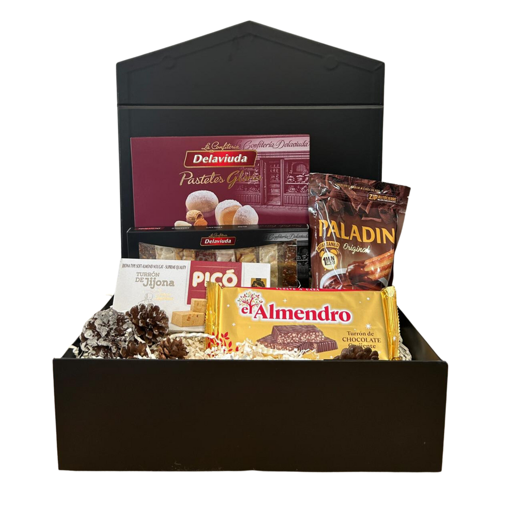 Gloria Sweet Gift box comes with marzipan pastries, nougat selection and a chocolate powder mix in a premium  black box with golden accents