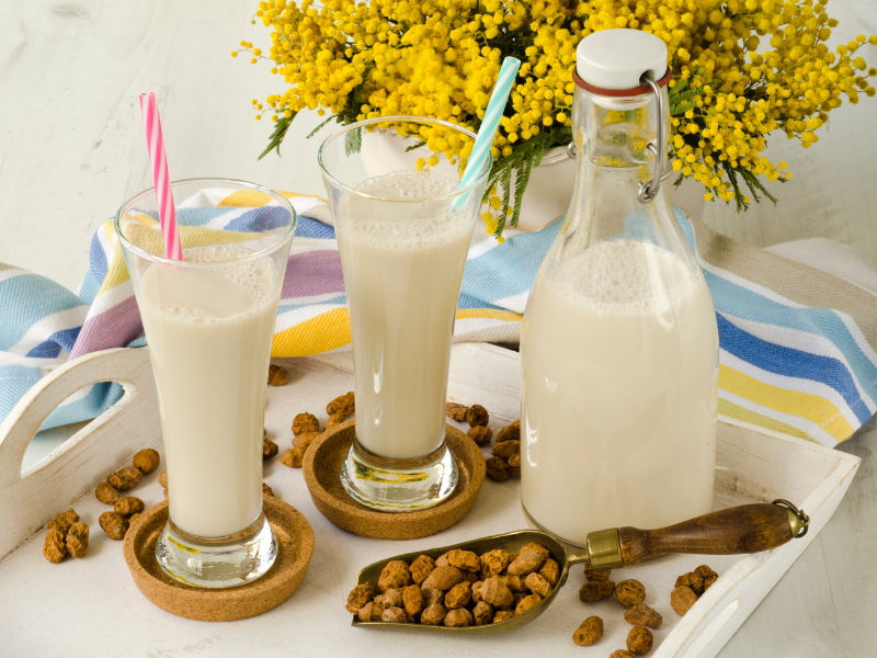 Horchata glasses and tiger nut "chufa" on  a tray