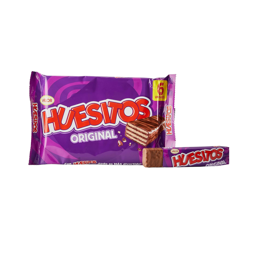 Bag of 6 Huesitos Original, in the classic purple wrapping. Huesitos by Valor is a popular snack from Spain. Crispy wafer sticks filled with smooth chocolate and covered in a generous layer of rich milk chocolate.