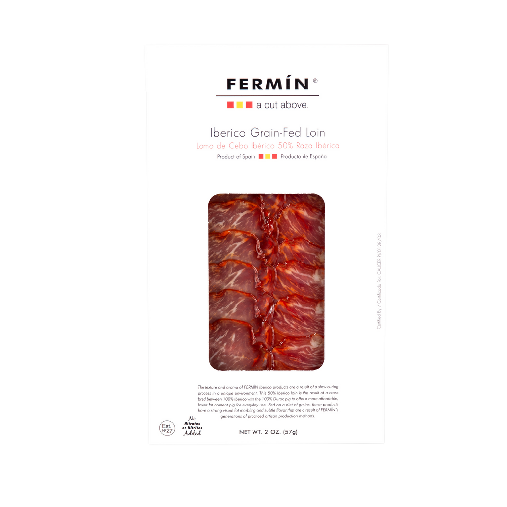 Iberico grain fed loin on white package by Fermin. Deliberico