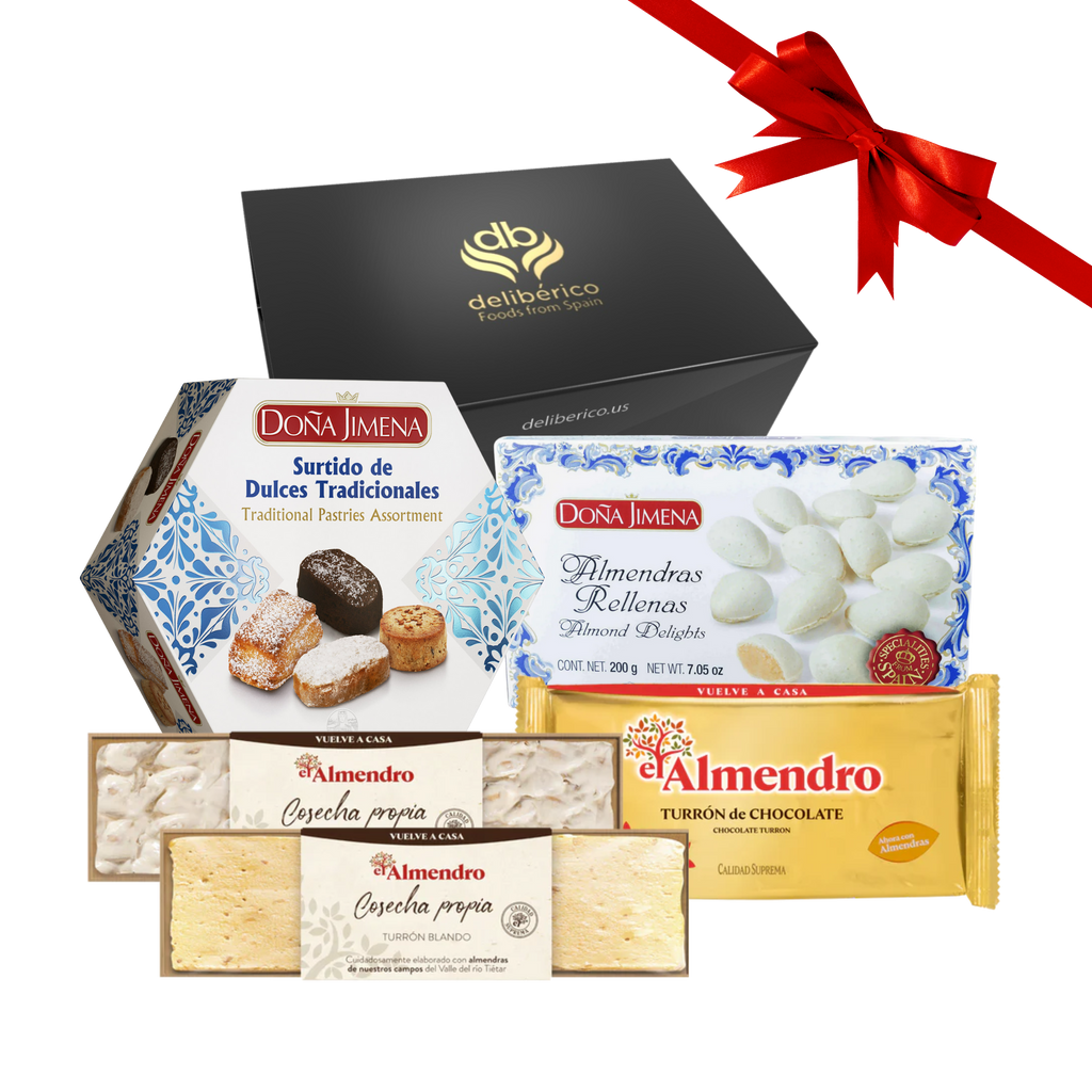 Jolly Sweet Gift Box, featuring Spain’s most iconic sweets selection, almonds delights, nougats, and chocolate turrón in Deliberico’s black and golden gift box