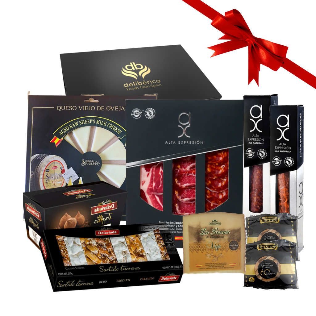 Joy Gift Box from Deliberico including cheese, iberico meats, breadsticks and sweets in a premium black gift box