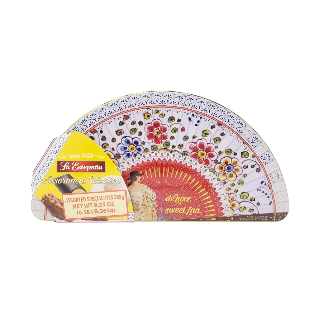 La Estepena Deluxe sweet tinl box in a fan Spanish shape