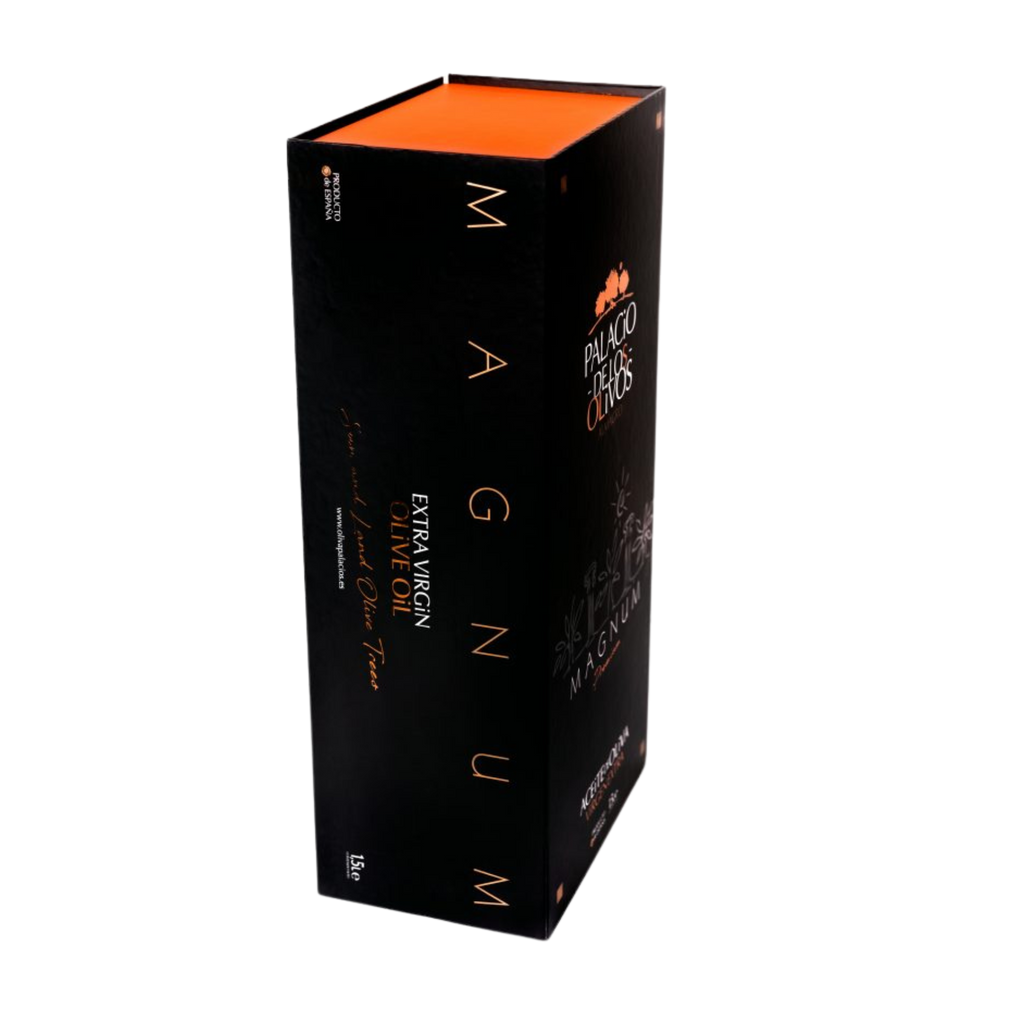 Palacio de Los Olivos EVOO Magnum Gift Case closed, side view of the black box with orange details 