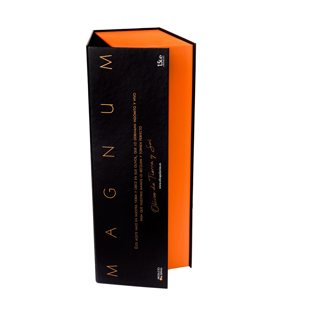 Palacio de Los Olivos EVOO Magnum Gift Case sligthly open, side view of the black box with orange interior