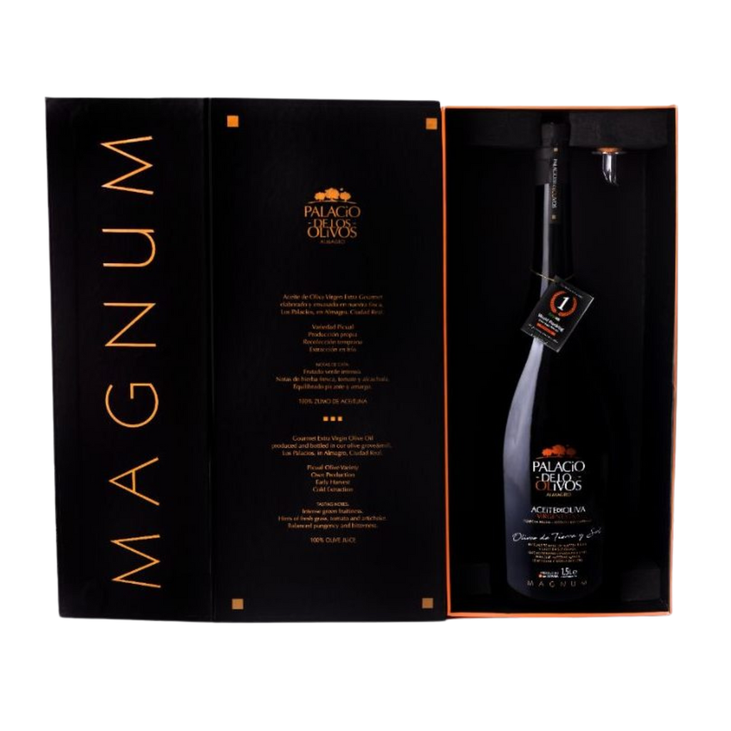 Palacio de Los Olivos EVOO Magnum Gift Case open showing the 1.5 l black bottle in black box with orange details. Front view