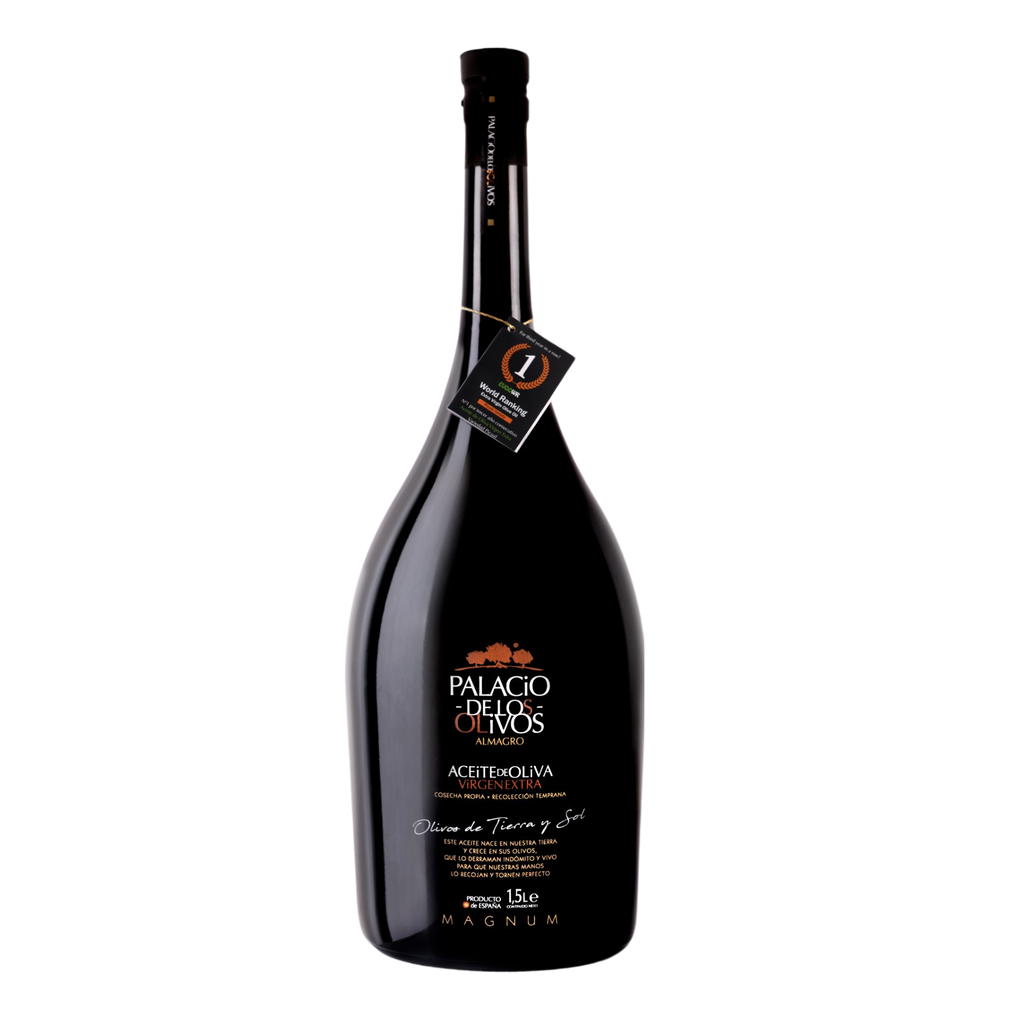 Palacio de Los Olivos EVOO Magnum 1.5 l black bottle with orange and white details and text